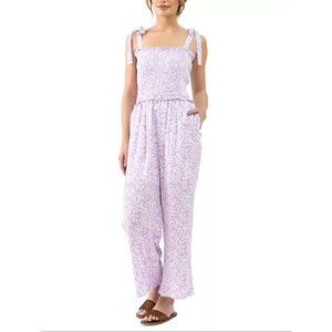 Lost + Wander Women's Lavender Floral Smocked Crop Ruffle Linen Jumpsuit Women’s